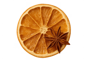 Dried orange slice accompanied by star anise, highlighting seasonal warmth against transparent backdrop, showcasing rustic culinary charm