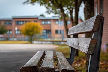Wooden park bench outside school building