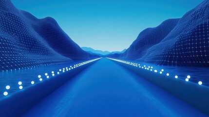 Futuristic Highway Through Wireframe Mountains