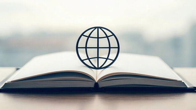 Globe icon embedded inside open book on screen — global access to knowledge
