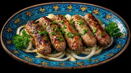 Serbia dish Cevapi Grilled minced meat sausages small brown fingers with onions