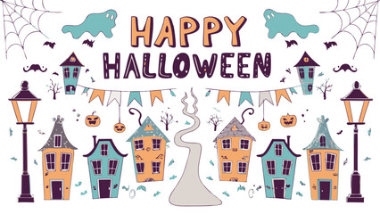 Happy halloween scene with houses, ghosts, bats, pumpkins, street lights and spider webs illustration