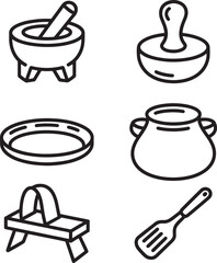 Black Line Art Kitchen Utensils on White Background