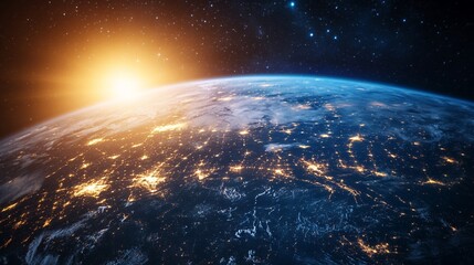 Obraz premium Sunrise Over Earth with City Lights and Starry Space View