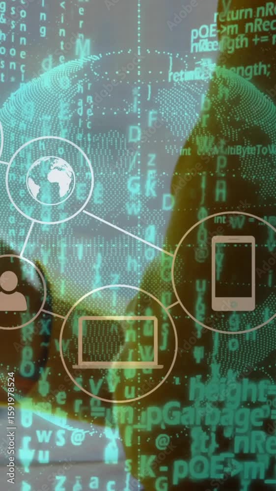 Poster digital network icons and data processing animation over person using smartphone