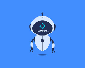Robot with loading bar on screen. Vector illustration for AI system update, chatbot processing, data upload