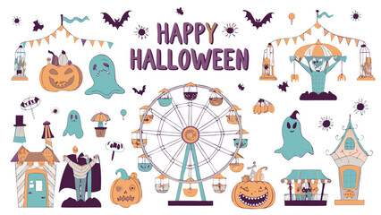Illustration showing halloween themed carnival with ghosts pumpkins and a ferris wheel and happy halloween text