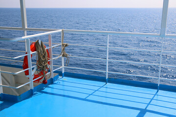 Lifebuoy on the boat. Selective focus.