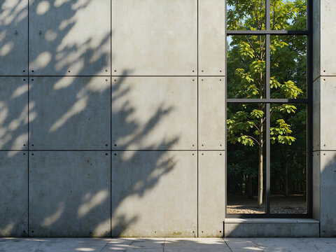 Fair-faced Concrete Wall with Window and Tree Shadows