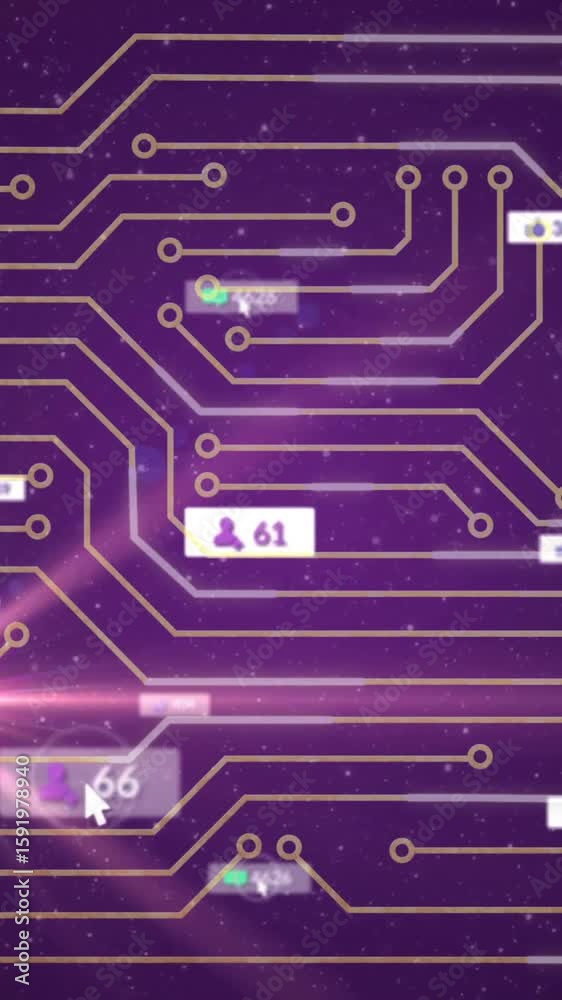 Poster animation of digital data and user icons on circuit board pattern in cosmic background