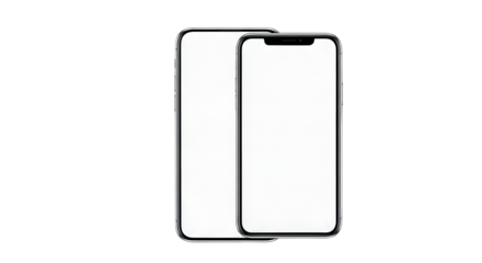 Two smartphones with blank white screens overlapping on a black background in a studio shot on transparent background