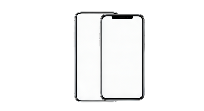 Two smartphones with blank white screens overlapping on a black background in a studio shot on transparent background