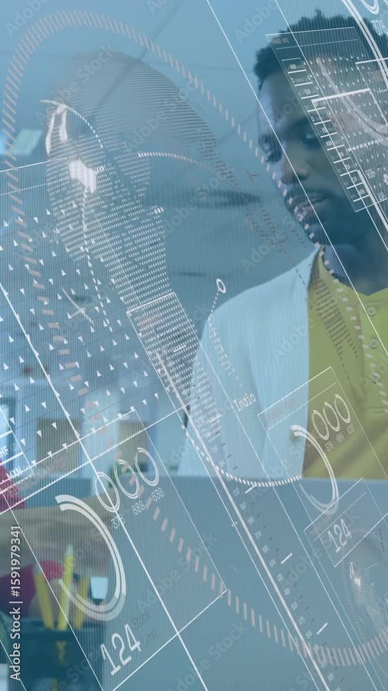 Poster discussing data processing, two men using digital interface overlay in office
