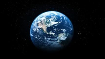 Earth From Space View with Clouds, Continents and Dark Starry Background