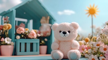 Cute teddy bear in a garden setting