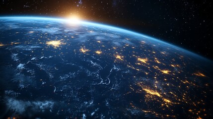 Fototapeta premium Earth From Space with City Lights at Night and Rising Sun