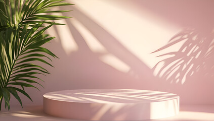 Obraz premium Pink podium with palm leaf shadows and sunlight stage 1