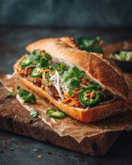 A delicious Vietnamese sandwich banh mi with tofu, fresh vegetables, and herbs on a wooden board, accompanied by a cup of coffee.