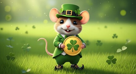 Fototapeta premium Lucky mouse in green suit holding gold coin with clover