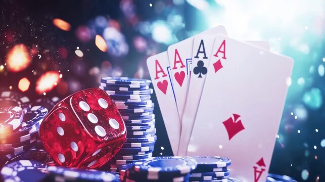 Casino game with poker hand, dice, and chips.