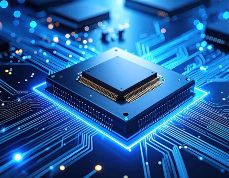 Close-up of a computer chip on a circuit board.  High-tech, futuristic