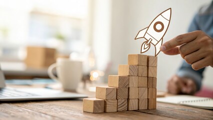 Rocket icon launching from wooden block stack — fast-track startup growth