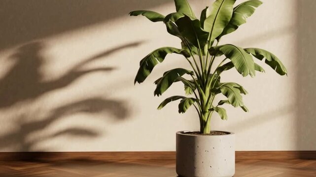 Potted banana plant casts shadows on a wall in a room with a parquet floor
