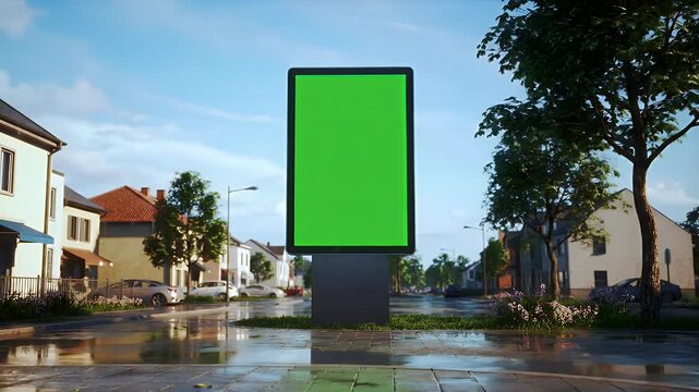 Blank green screen digital billboard mockup on a wet urban street. Empty outdoor advertising display for your content, surrounded by buildings.