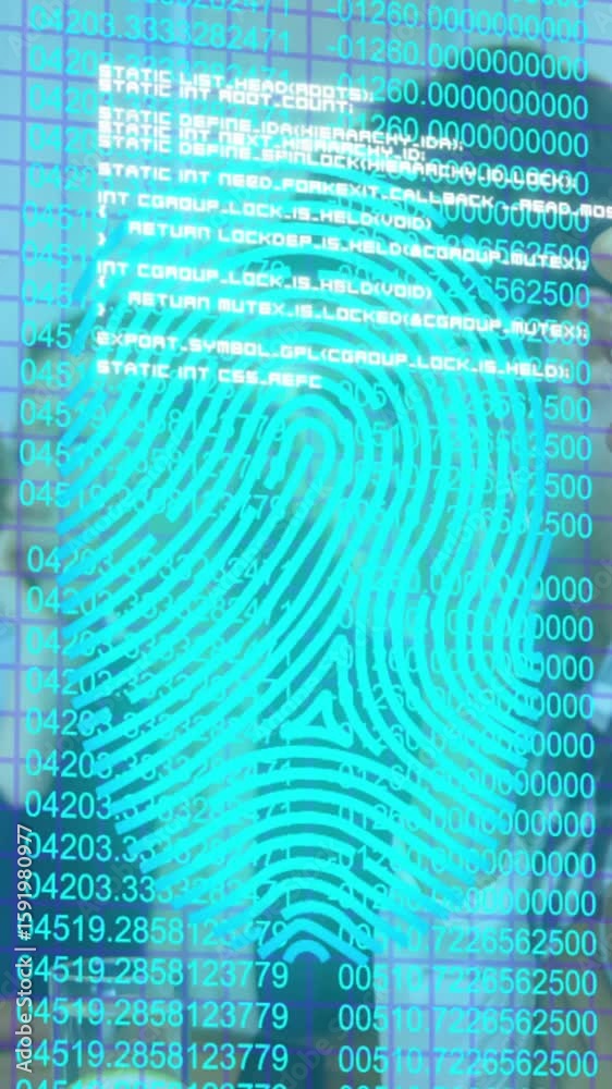 Poster animation of fingerprint and binary code overlaying professionals working in technology