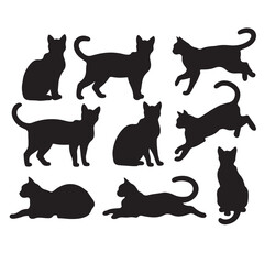 cat, silhouette, black, animal, pet, feline, domestic, mammal, isolated, vector, design, illustration, graphic, symbol, icon, shape, pose, sitting, lying, walking, jumping, standing, tail, ears, white