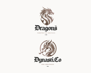 Obraz premium Stylized vector strong dragon logo with roar fire for sport team 