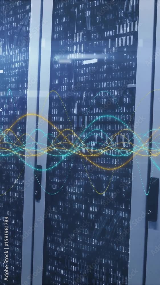 Poster processing data animation over servers in high-tech data center environment