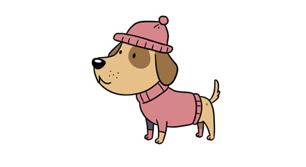 Cute dog wearing pink sweater and hat in hand-drawn style  