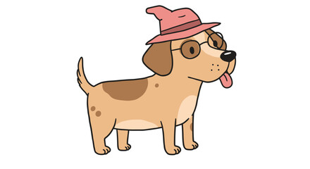 Cartoon dog wearing pink hat and glasses standing on white background  