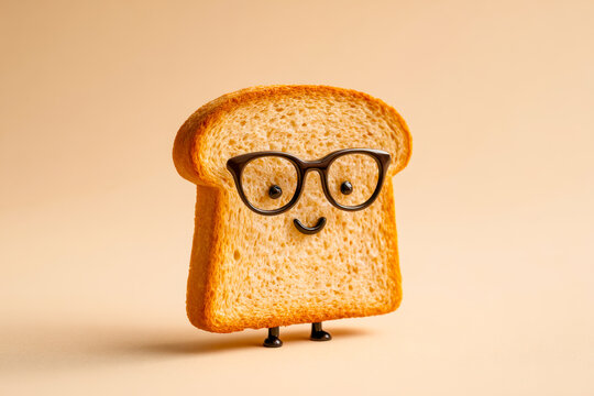Adorable slice of toast with glasses, a smiley face, and tiny legs creating a fun, whimsical character