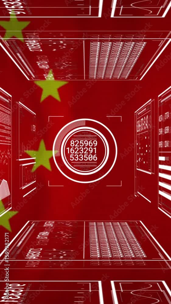 Poster chinese flag elements with digital data and analytics in animation on red background