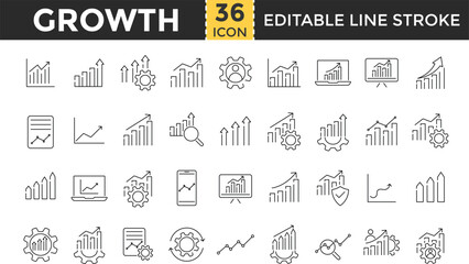 growth line icon set. Revenue Growth, Percentage Growth, Presentation, Investment, Mountain Peak, increase, evolution, development and others. target achievement success sign. down or up arrow symbol.
