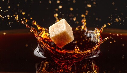 Sweet brown cane sugar cube falling into dark Cola liquid creating vibrant energetic splash droplets