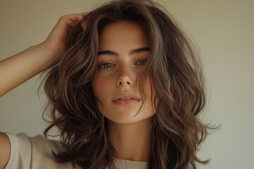 Naklejka premium Fluffy voluminous layered hair inspiration indoor setting portrait photography soft natural lighting close-up view beauty concept for modern styles