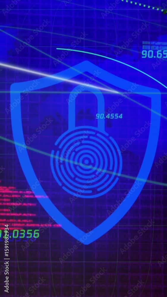 Poster digital security shield with lock icon over world map and data animation