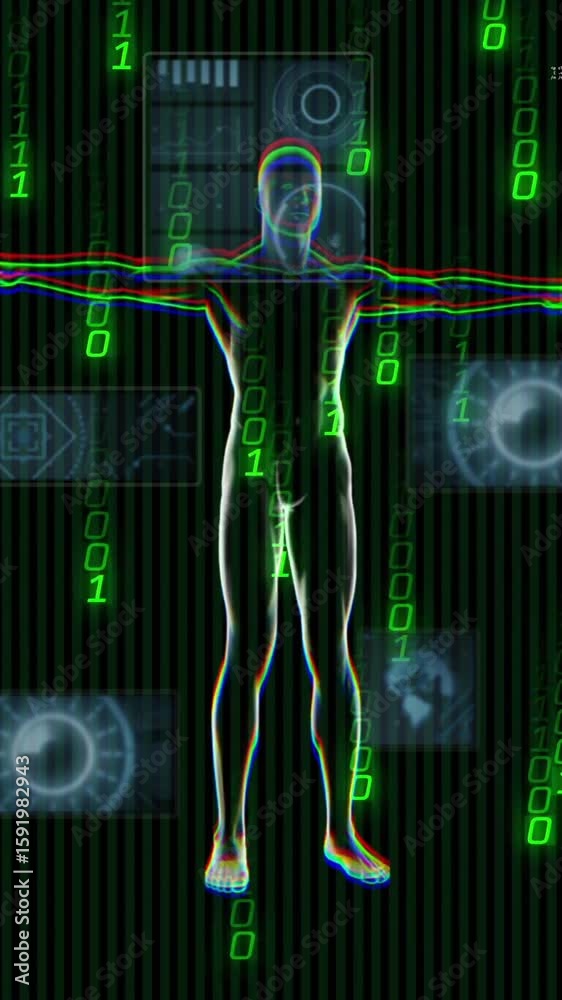 Poster Human silhouette with digital data and binary code animation in background