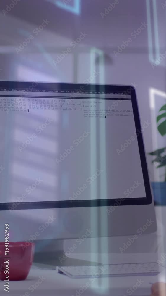 Poster man working at desk with digital data processing animation over computer screen