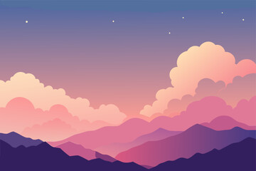 Serene mountain landscape with pink and purple clouds at dusk