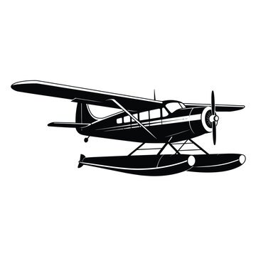 Classic floatplane aircraft silhouette flying over water isolated on white background