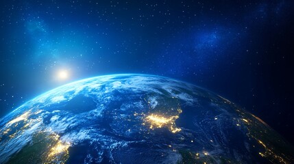 Obraz premium Earth View From Space Showing City Lights and Stars Shining Brightly