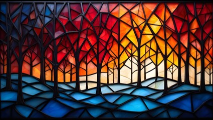 Abstract Forest Landscape in Stained Glass Style