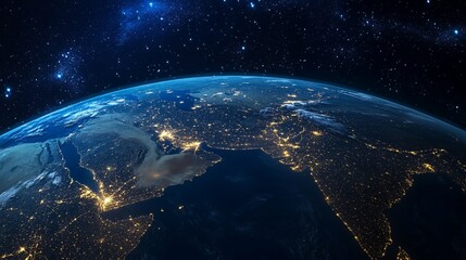 Obraz premium Earth at Night Showing City Lights in Middle East and India