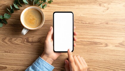 Smartphone and Coffee Cup on Wooden Table