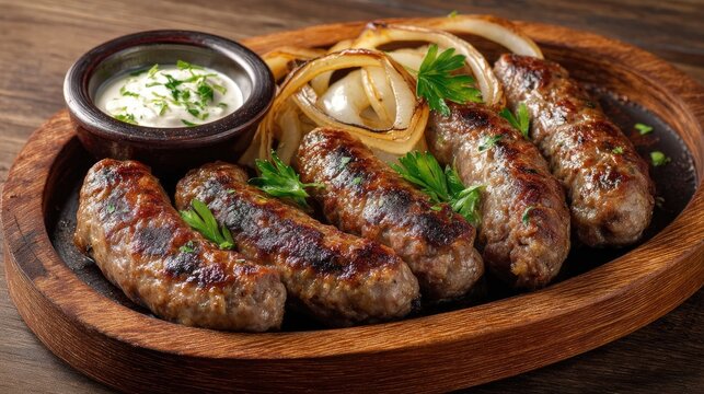 Serbia dish Cevapi Grilled minced meat sausages small brown fingers with onions