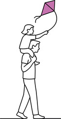 Clean line art of a father giving his child a piggyback ride while flying a kite. Captures fun, family, and outdoor play